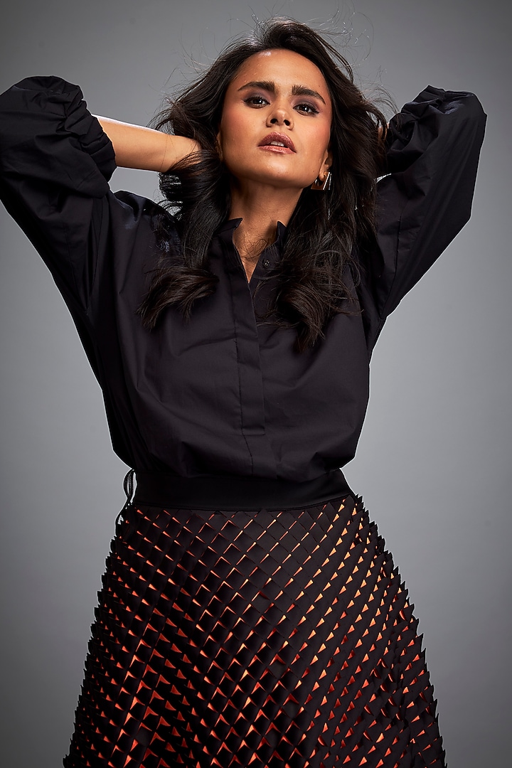 Black Vegan Leather A-Line Voluminous Skirt by Deepika Arora at Pernia's Pop Up Shop
