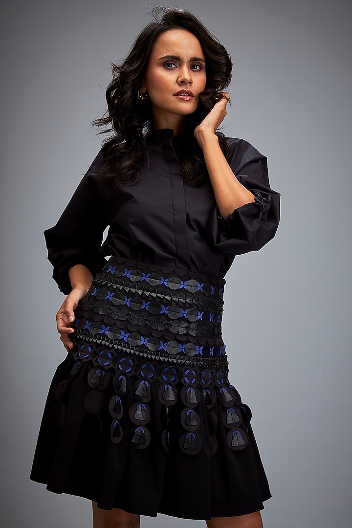 Black Rozella Crepe Structured Skirt by Deepika Arora at Pernia's Pop Up Shop