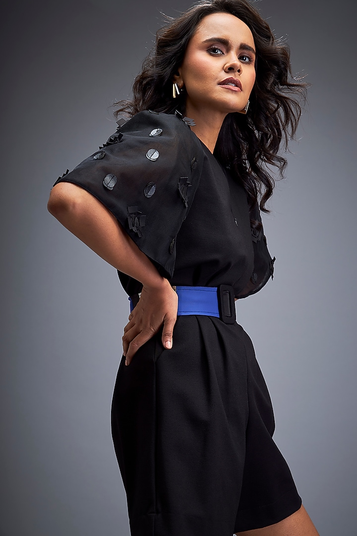 Black Ponte Roma Playsuit With Belt by Deepika Arora at Pernia's Pop Up Shop