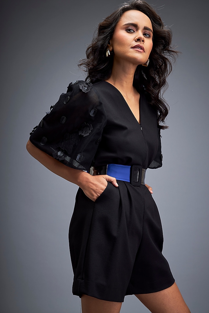 Black Ponte Roma Playsuit With Belt by Deepika Arora at Pernia's Pop Up Shop