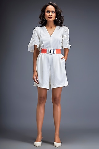 White Ponte Roma Playsuit With Belt by Deepika Arora