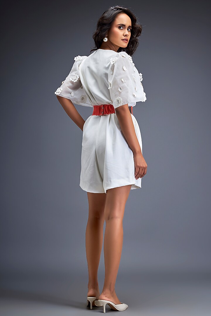 White Ponte Roma Playsuit With Belt by Deepika Arora at Pernia's Pop Up Shop