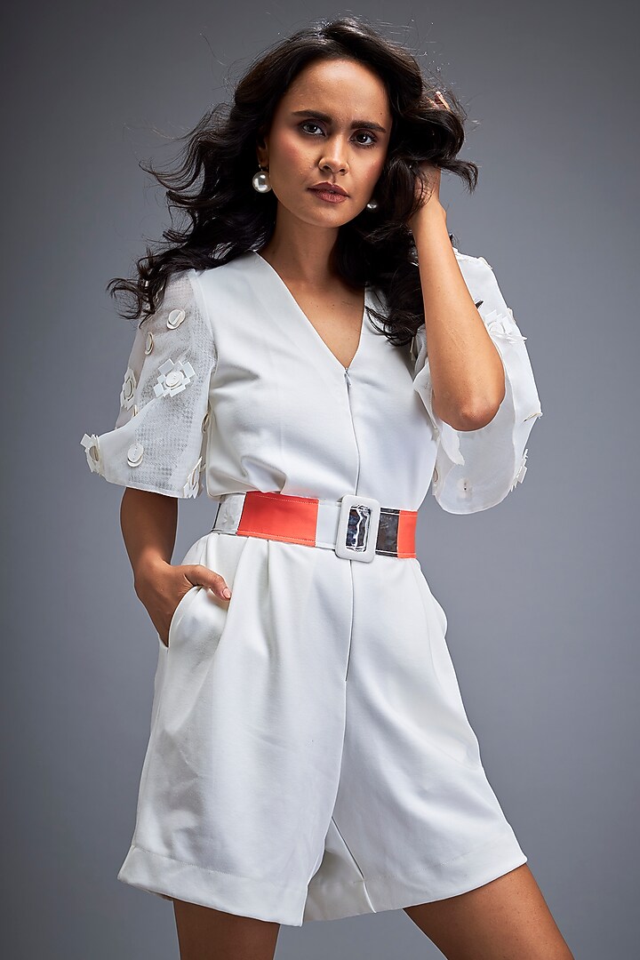 White Ponte Roma Playsuit With Belt by Deepika Arora at Pernia's Pop Up Shop