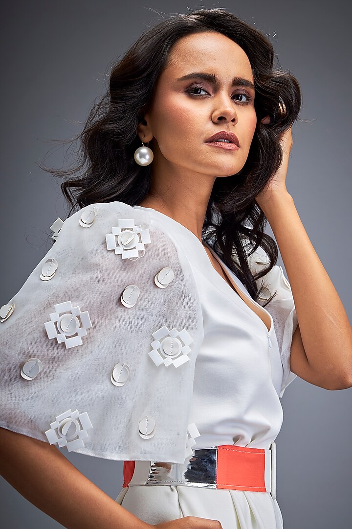 White Ponte Roma Playsuit With Belt by Deepika Arora at Pernia's Pop Up Shop