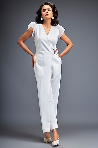White Ponte Roma Playsuit by Deepika Arora