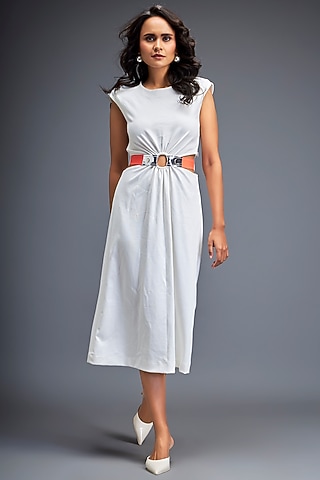 White Ponte Roma Playsuit With Belt by Deepika Arora