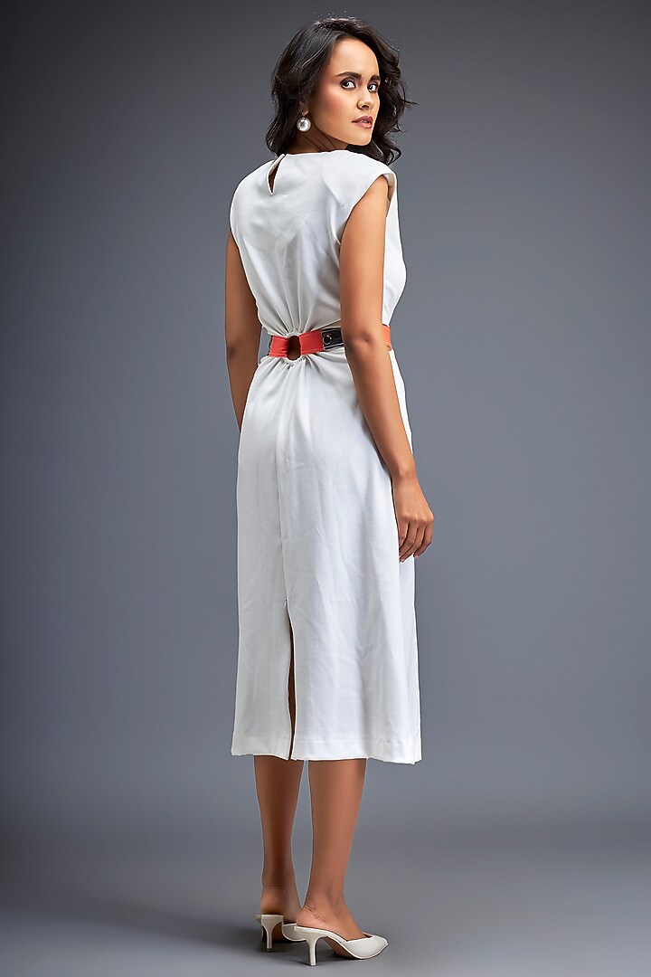 White Ponte Roma Playsuit With Belt by Deepika Arora at Pernia's Pop Up Shop