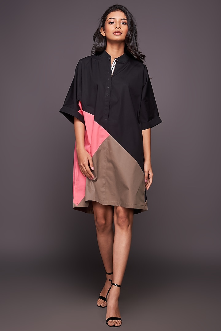 Black & Pink Color Blocked Shift Dress by Deepika Arora
