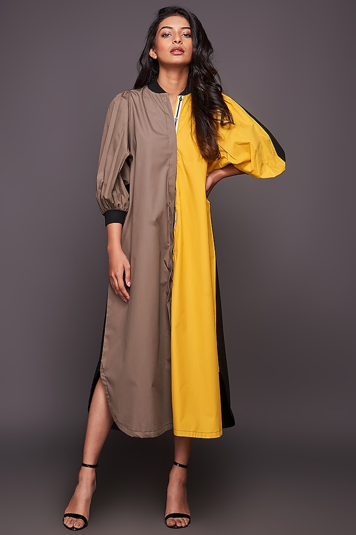 Yellow & Brown Color Blocked Shift Dress by Deepika Arora