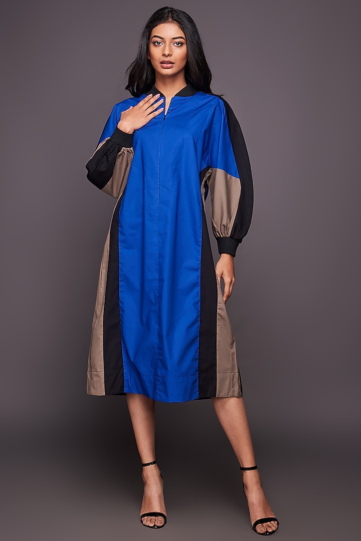 Black & Blue Color Blocked Tapered Dress by Deepika Arora