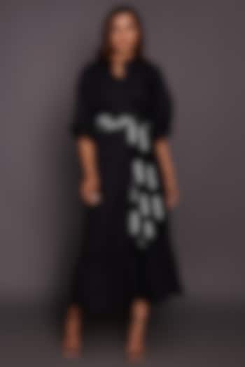 Black Cotton Dress With Belt by Deepika Arora
