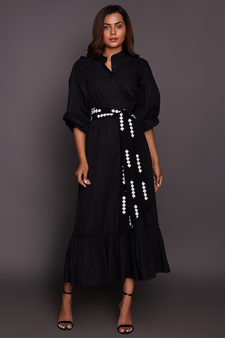 Black Cotton Dress With Belt by Deepika Arora