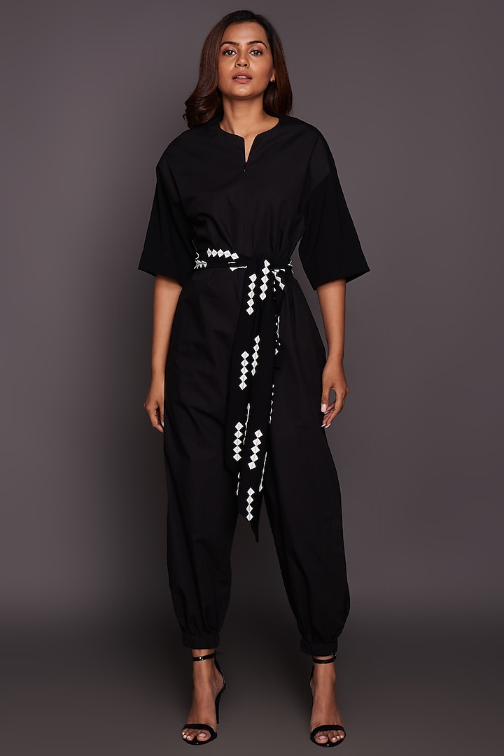 Black Cotton Jumpsuit With Belt by Deepika Arora