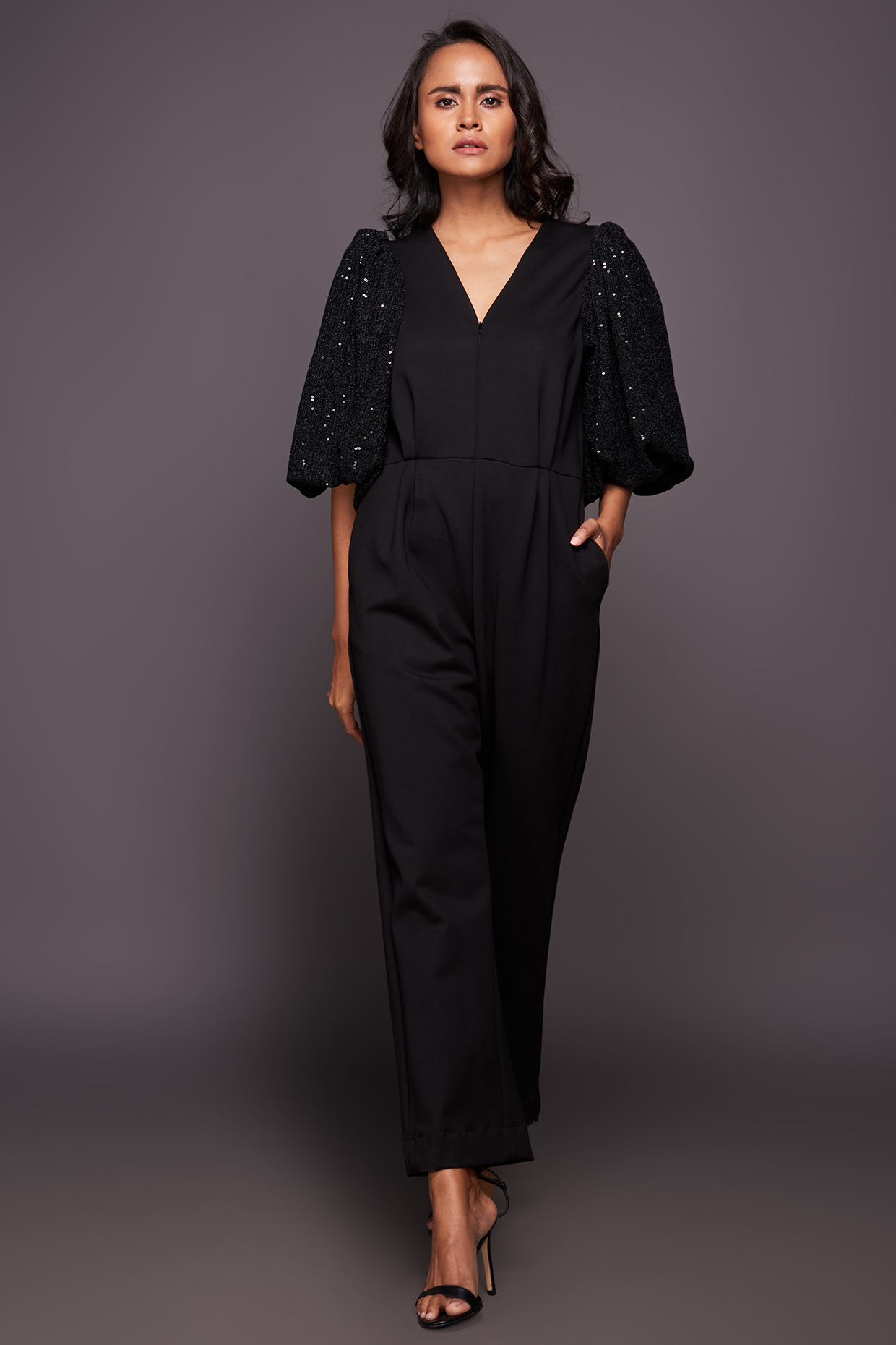 Black Sequined Jumpsuit by Deepika Arora