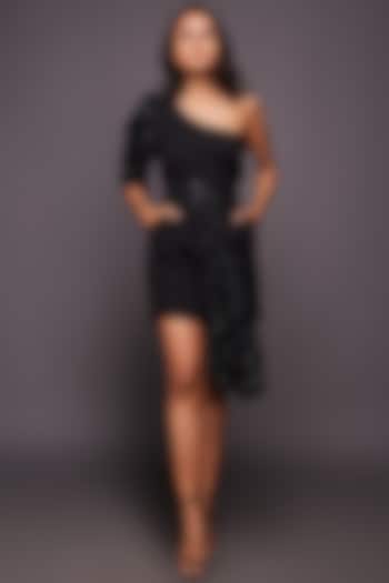 Black Sequined One-Shoulder Playsuit by Deepika Arora