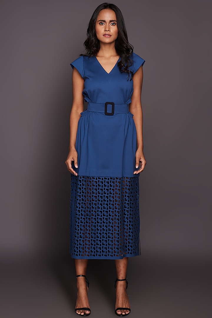 Blue Ponte Roma Dress by Deepika Arora