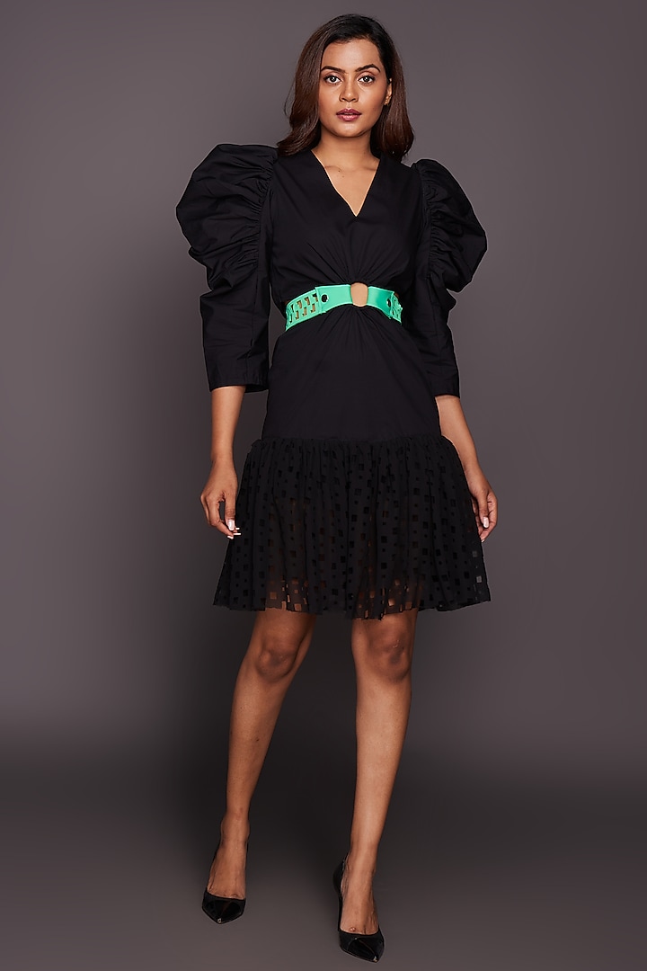 Black Cotton Cutwork Dress by Deepika Arora