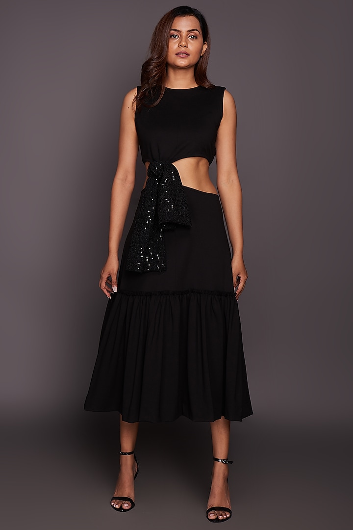 Black Sleeveless Gathered Dress by Deepika Arora at Pernia's Pop Up Shop