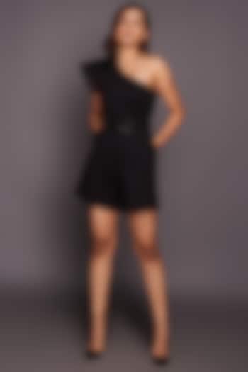 Black One-Shoulder Playsuit by Deepika Arora