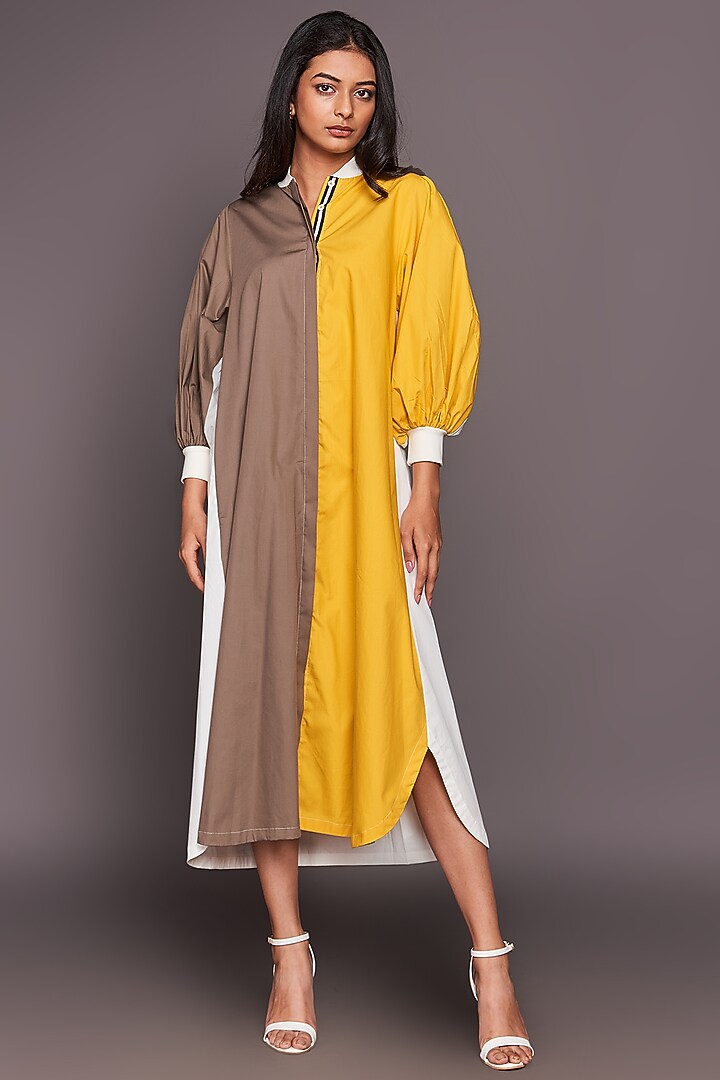 White & Yellow Color Blocked Summer Shirt Dress by Deepika Arora at Pernia's Pop Up Shop