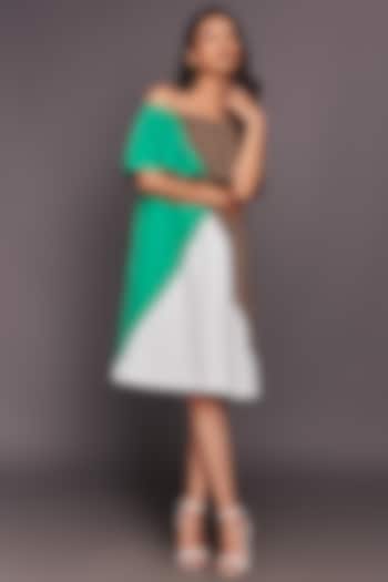White & Green Color Blocked Off Shoulder Summer Dress by Deepika Arora at Pernia's Pop Up Shop