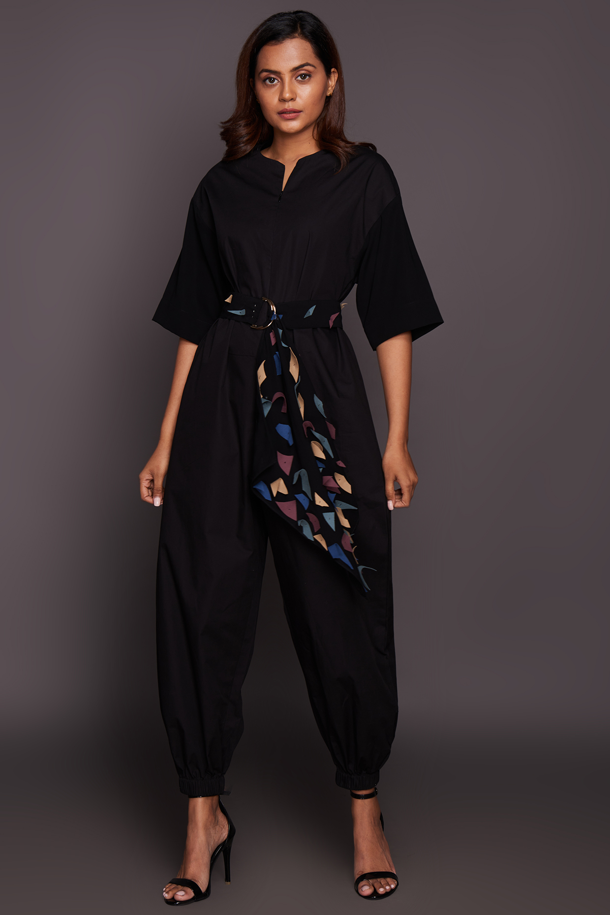 Black Jumpsuit With Belt by Deepika Arora