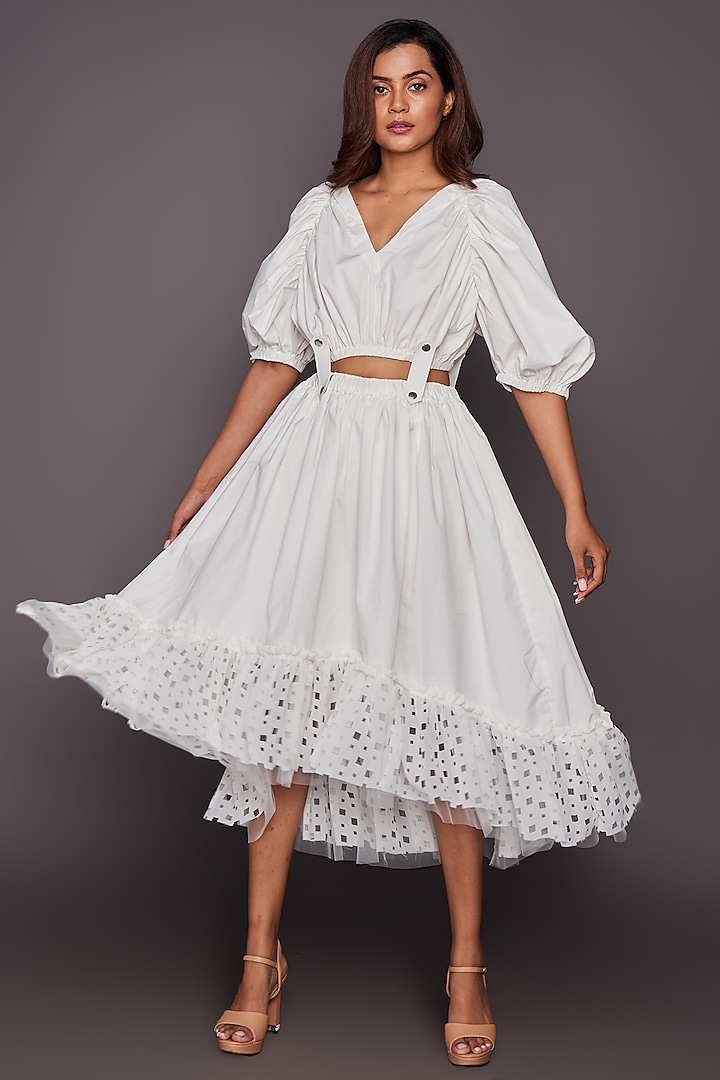 White Cutwork Skirt Set by Deepika Arora