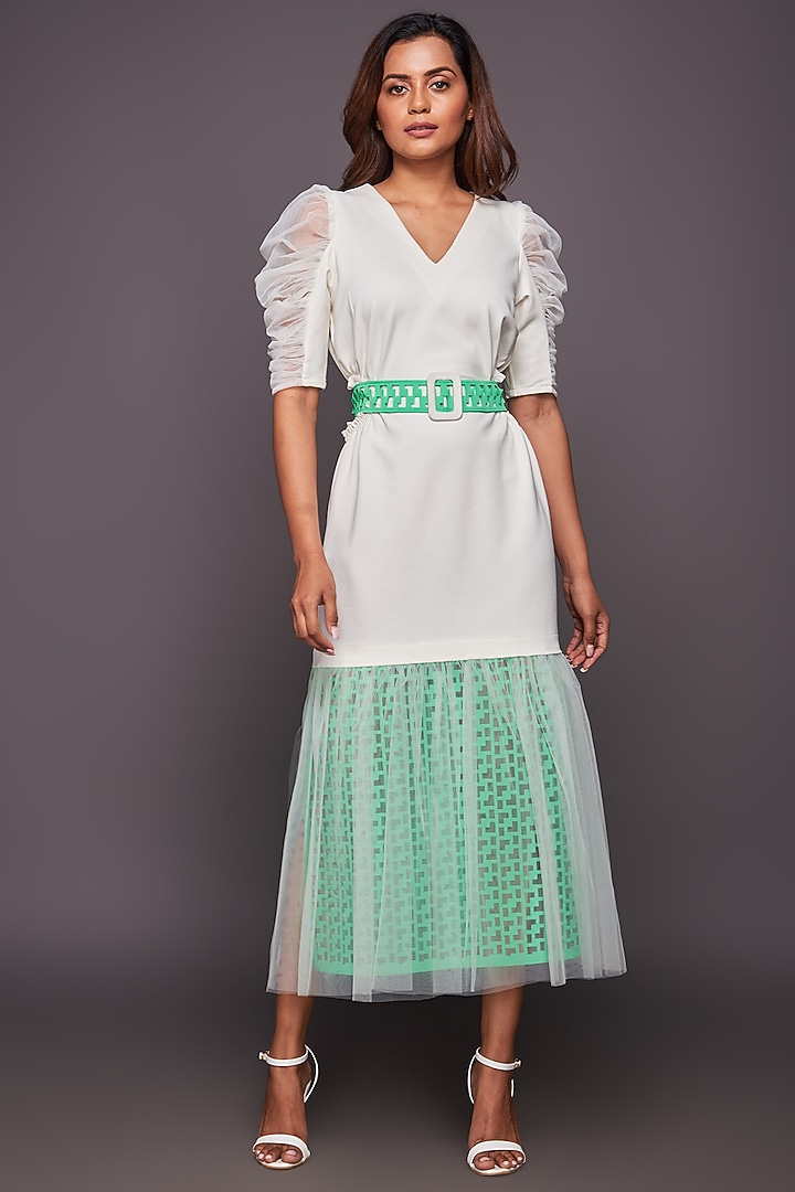 White Ponte Roma Cutwork Dress by Deepika Arora at Pernia's Pop Up