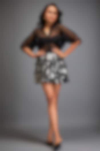 Black Vegan Leather Metallic Leaf Textured Skirt by Deepika Arora at Pernia's Pop Up Shop