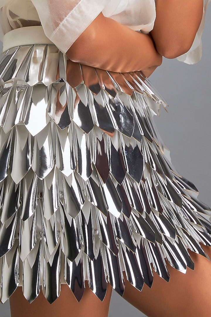 White Vegan Leather Metallic Leaf Textured Skirt by Deepika Arora at Pernia's Pop Up Shop