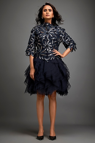Navy Blue Vegan Leather & Sheer Ruffled Dress by Deepika Arora