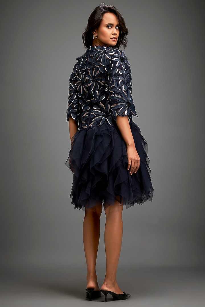 Navy Blue Vegan Leather & Sheer Ruffled Vacation Dress by Deepika Arora at Pernia's Pop Up Shop