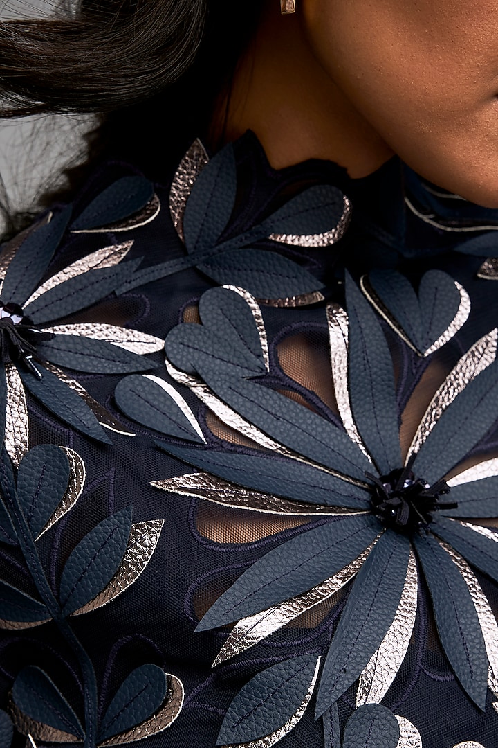 Navy Blue Vegan Leather & Sheer Ruffled Vacation Dress by Deepika Arora at Pernia's Pop Up Shop