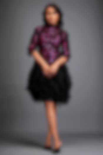 Black Vegan Leather & Sheer Ruffled Vacation Dress by Deepika Arora at Pernia's Pop Up Shop