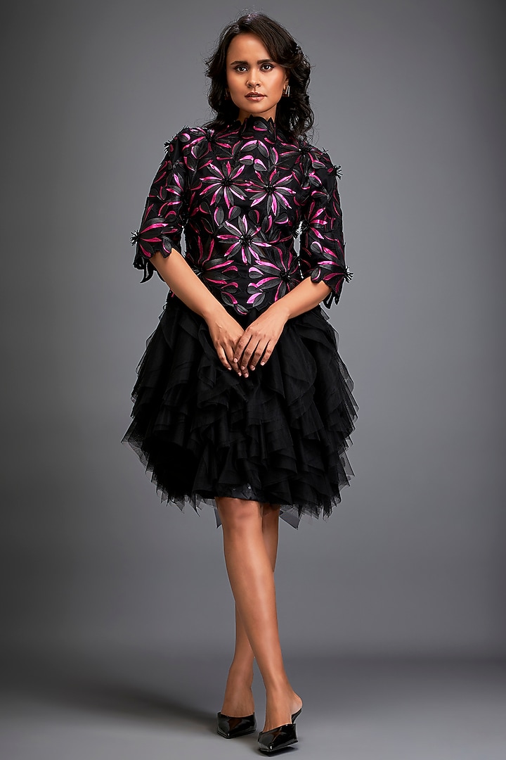 Black Vegan Leather & Sheer Ruffled Vacation Dress by Deepika Arora at Pernia's Pop Up Shop