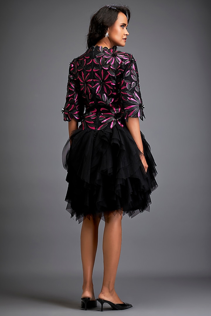 Black Vegan Leather & Sheer Ruffled Vacation Dress by Deepika Arora at Pernia's Pop Up Shop