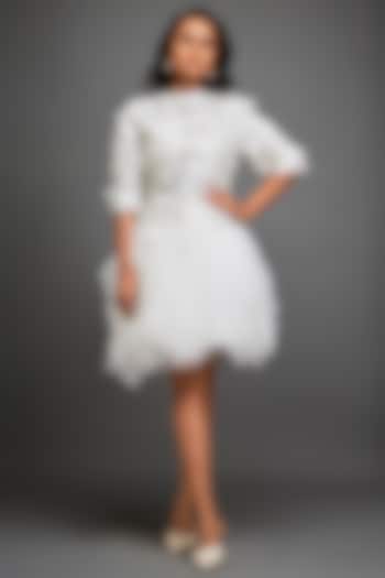 White Vegan Leather & Sheer Ruffled Vacation Dress by Deepika Arora at Pernia's Pop Up Shop