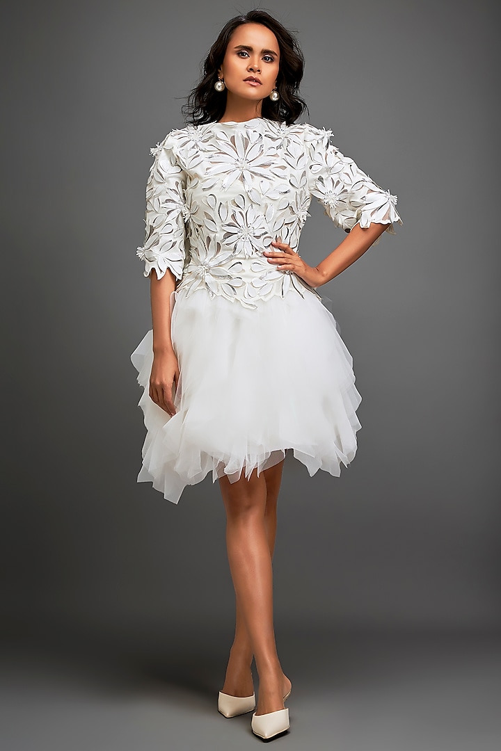 White Vegan Leather & Sheer Ruffled Vacation Dress by Deepika Arora at Pernia's Pop Up Shop