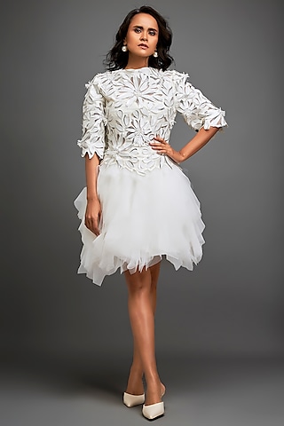 White Vegan Leather & Sheer Ruffled Dress by Deepika Arora