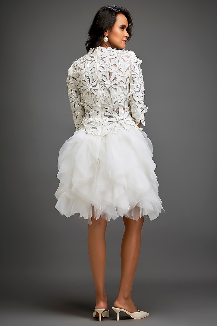 White Vegan Leather & Sheer Ruffled Vacation Dress by Deepika Arora at Pernia's Pop Up Shop