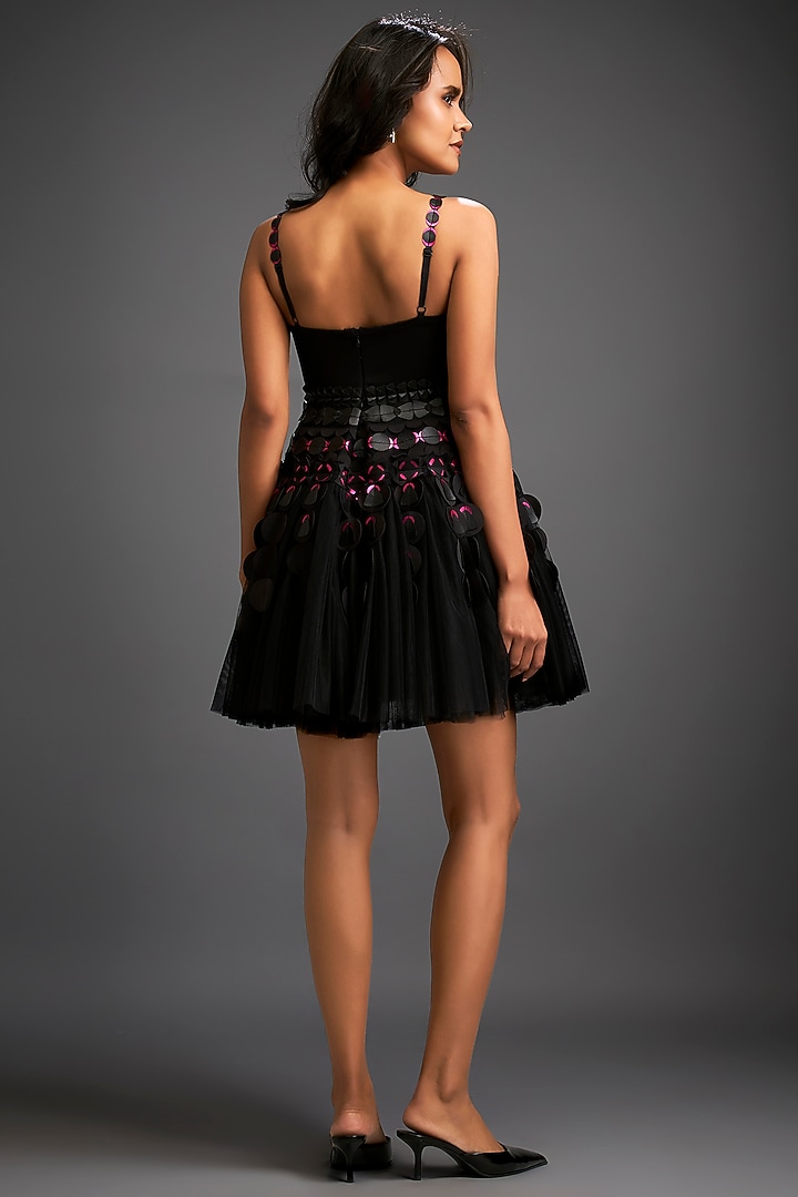 Black Net 3D Embellished Ruffled Vacation Dress by Deepika Arora at Pernia's Pop Up Shop