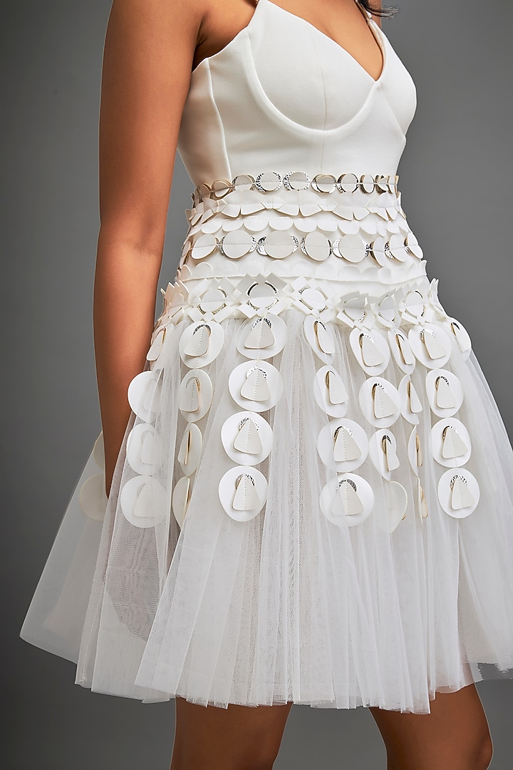 White Net 3D Embellished Ruffled Vacation Dress by Deepika Arora at Pernia's Pop Up Shop