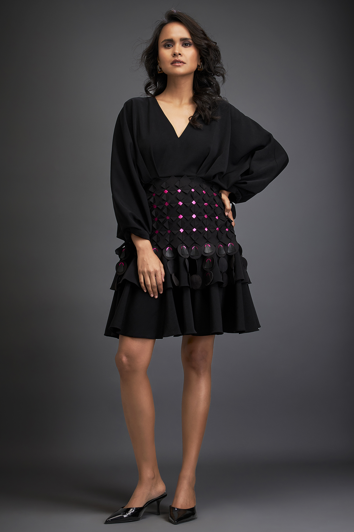 Black Rozella Crepe Woven Mini Summer Dress by Deepika Arora at Pernia's Pop Up Shop