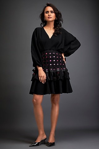 Black Rozella Crepe Woven Mini Dress by Deepika Arora