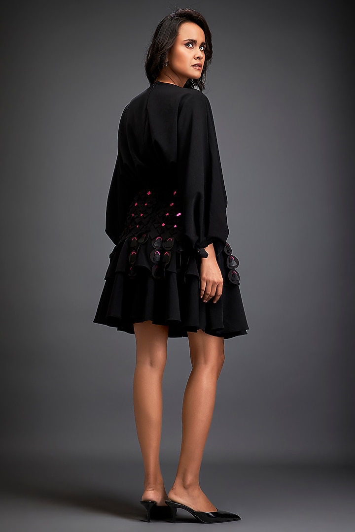 Black Rozella Crepe Woven Mini Summer Dress by Deepika Arora at Pernia's Pop Up Shop