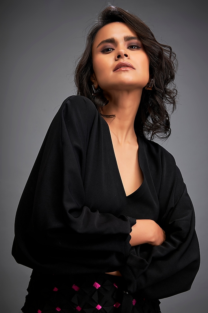 Black Rozella Crepe Woven Mini Summer Dress by Deepika Arora at Pernia's Pop Up Shop