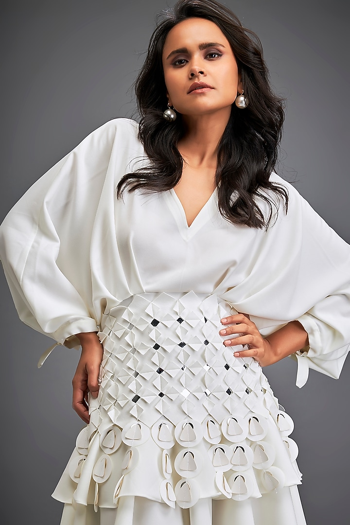White Rozella Crepe Woven Mini Summer Dress by Deepika Arora at Pernia's Pop Up Shop
