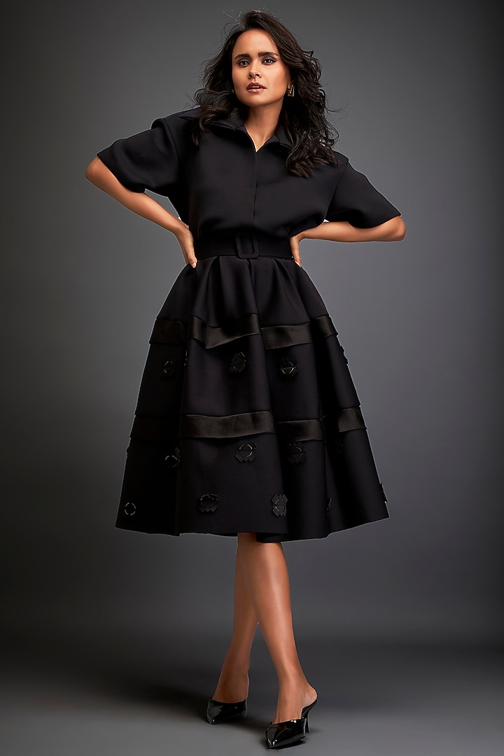 Black Scuba Floral Embellished Skirt Set by Deepika Arora at Pernia's Pop Up Shop