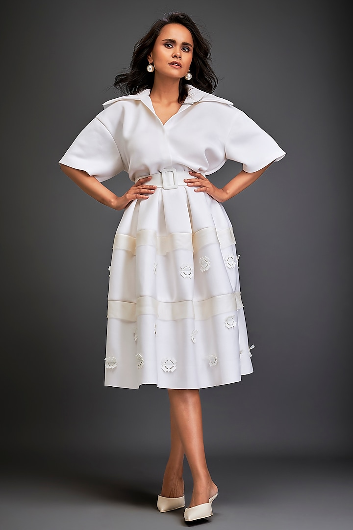 White Scuba Floral Embellished Skirt Set by Deepika Arora at Pernia's Pop Up Shop