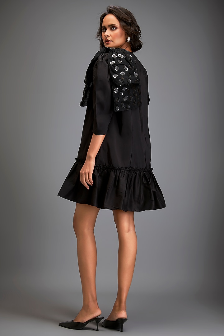 Black Taffeta Metallic Applique Embellished Mini Ruffled Vacation Dress by Deepika Arora at Pernia's Pop Up Shop